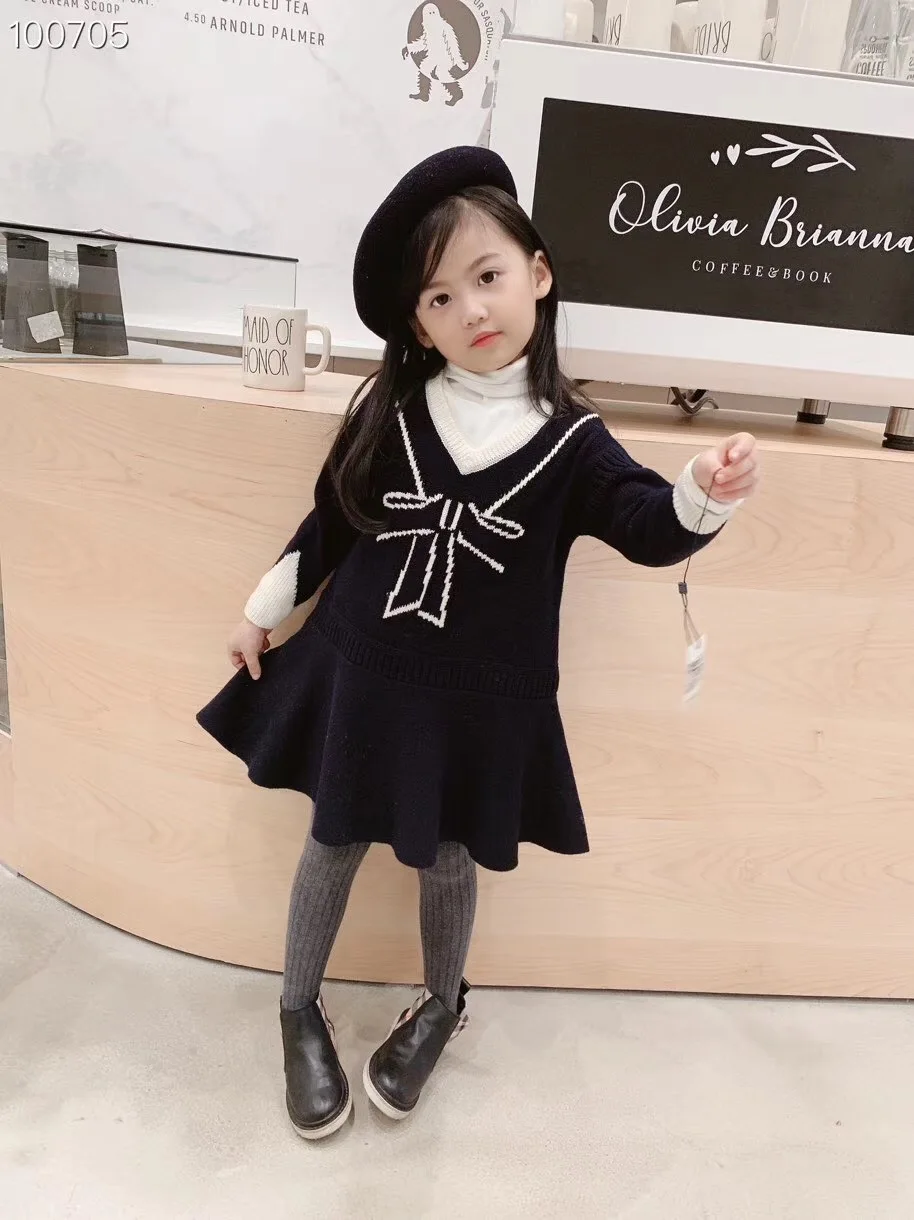 

2019 baby girl clothes Fall Winter New Girls' College Style Knit Sweater Fashion Long Sleeve Bow Pattern Knit Dress Pullover