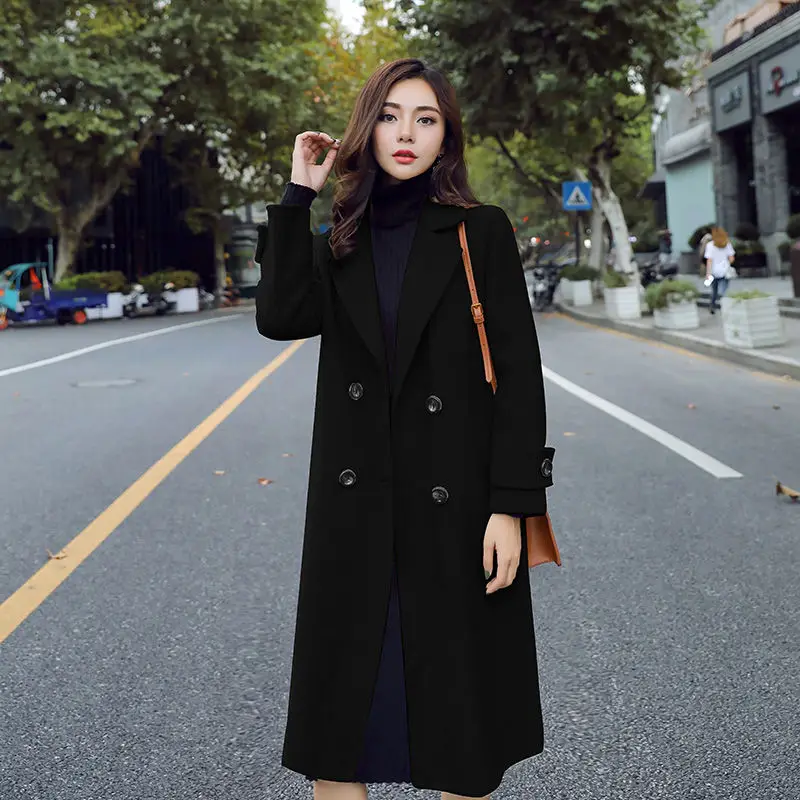 Весенне-осеннее шерстяное пальто, двубортная куртка размера плюс, длинное шерстяное пальто из смешанной ткани, модная женская одежда, красные, черные пальто Kpop - Цвет: black