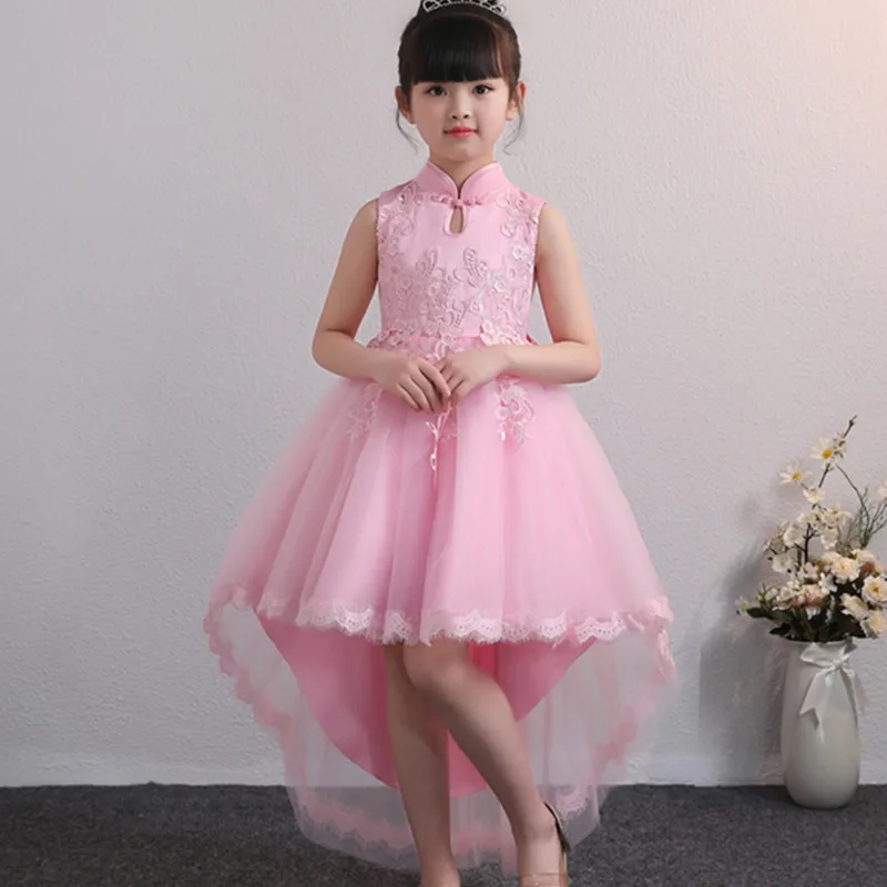 Летнее кружевное платье принцессы со шлейфом детское платье с цветочной аппликацией для девочек, школьные костюмы платье-пачка для девочек Vestidos