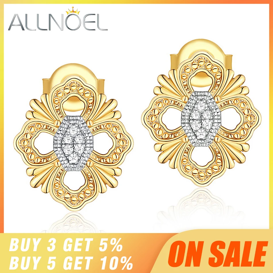 ALLNOEL, 925 пробы, Silve, Винтажные серьги для женщин, настоящее золото, кубический циркон, драгоценный камень, клевер, серьги- гвоздики, роскошные, хорошее ювелирное изделие
