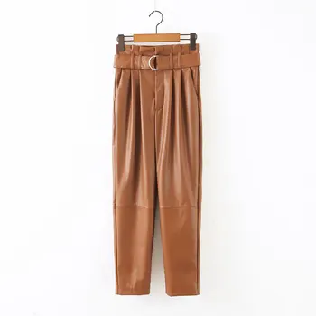

2020 Paper Bag zaraing Leather Pants vadiming sheining High Waist Solid Color Sashes Women PU Trousers For Autumn
