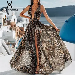 Леопардовое сексуальное платье на низкой груди, платье для вечеринки, женское платье с v-образным вырезом, без рукавов, с разрезом, с