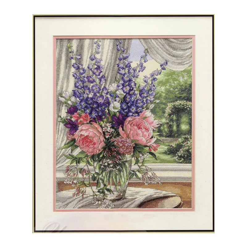 Amishop-Lovely Counted Cross Stitch Kit Peonies and Delphinium Flowers Dim 35257 Top Quality cross stitch kit