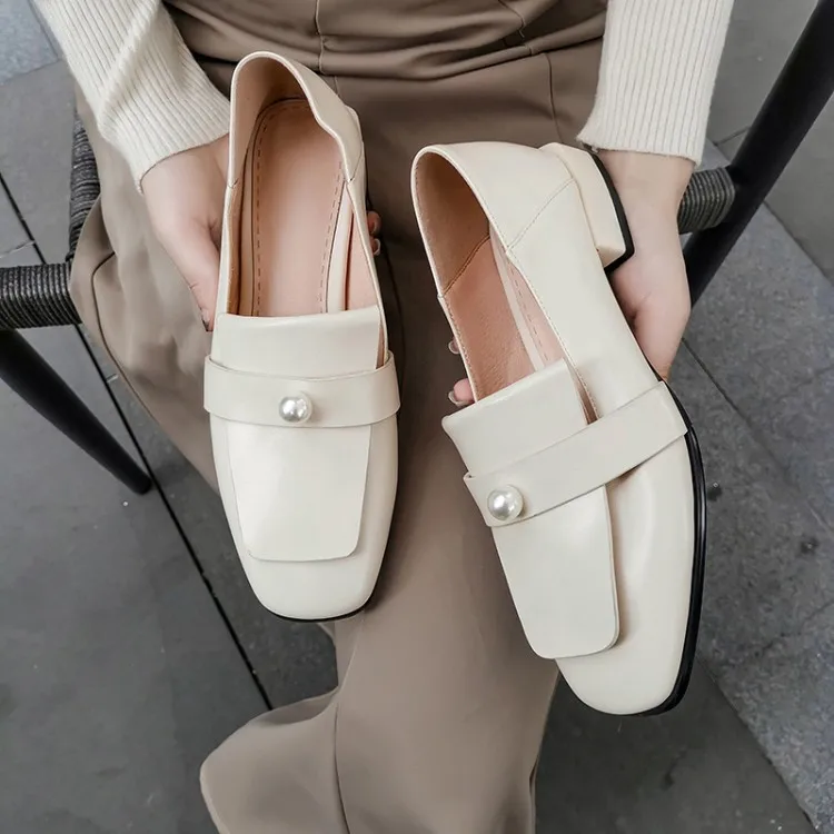 

Spring And Autumn Fashion Genuine Leather Women's Square Head Pearl Decoration Low Heel Foot Covering Low Top Low-Cut Rubber Sol