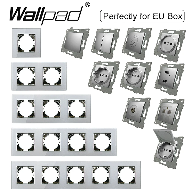 Silver Glass EU Switch Socket Free DIY 1 2 Gang EU French Socket with Cap Data Tel TV USB Wallpad Curtain Switch with Clips