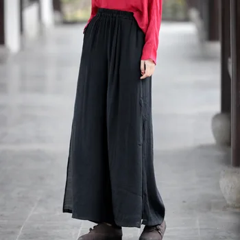 

New 2020 Spring Women Loose Cotton Linen Wide Leg Pants National Style Simple Pure Color Irregular Split Female Casual Pants