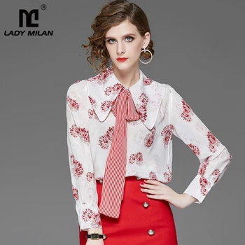 

100% Pure Silk Women's Runway Shirts Turn Down Collar Striped Bow Long Sleeves Printed Fashion Casual Blouse Shirt