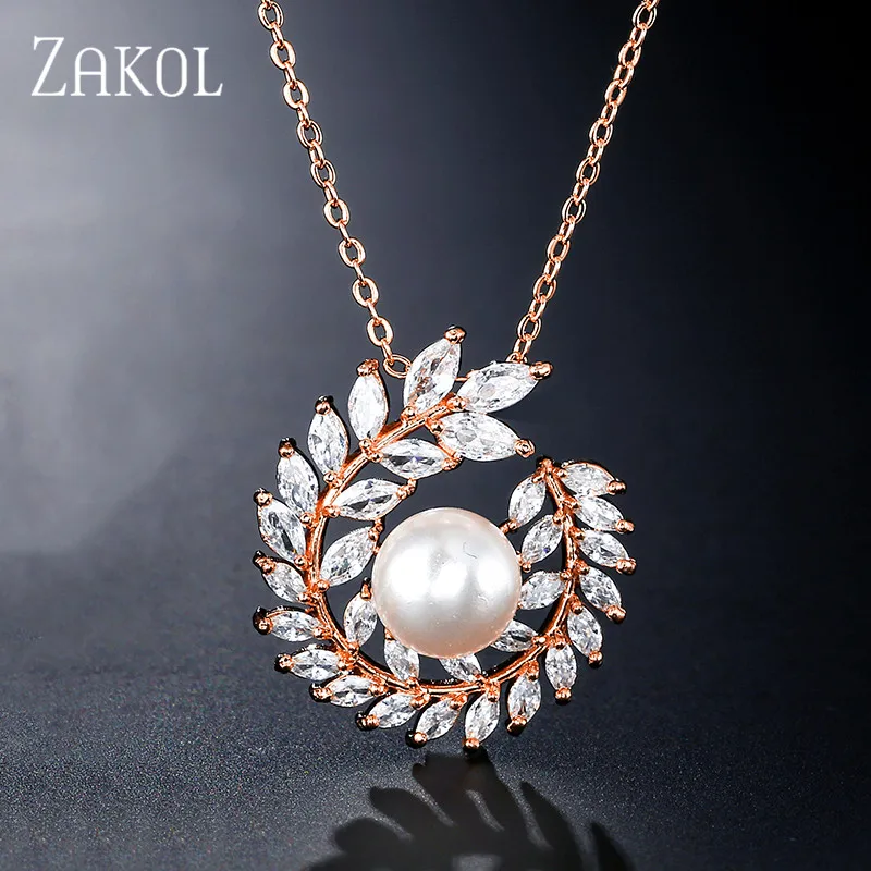 ZAKOL Elegant Cubic Zirconia Simulation Pearl Leaf Sweet Pendant for Women Wedding Dinner Party Birthday Gift Jewelry FSNP2128 | Украшения