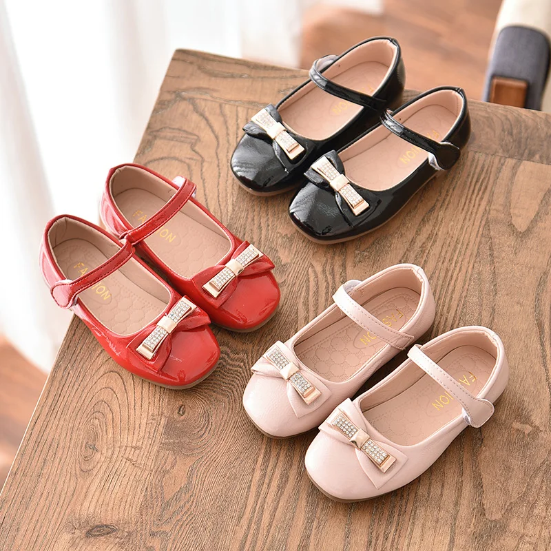 NEW Shoes Kids Girls  Patent Leather Princess Shoes  Children Spring Single Shoe with Bow Soft Flat Casual  SM067
