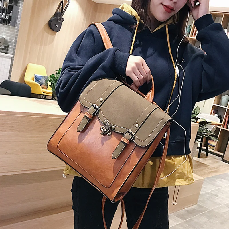 Trendy Leather Women Backpack Vintage Pu Daypack Mochilas Crossbody Casual  Travel Bag Retro Student School Bag Rucksack - AliExpress