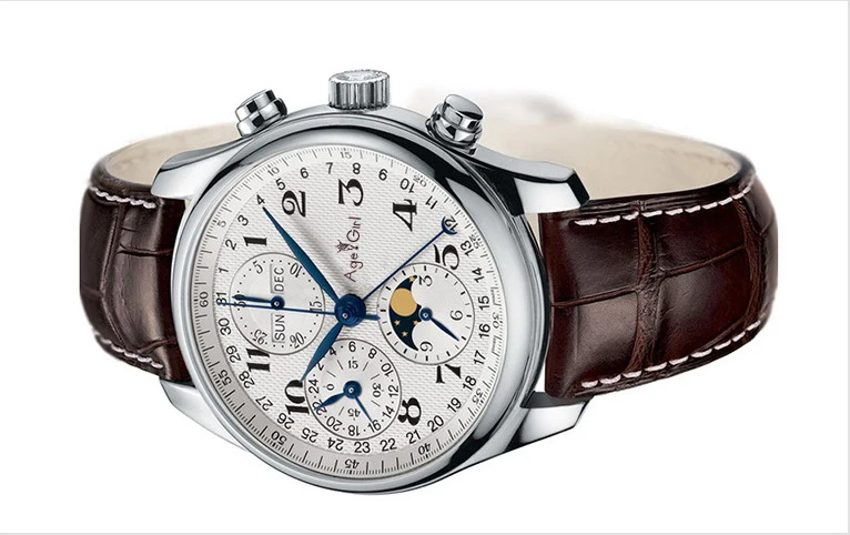 

Luxury Brand New Men Watch Stainless Steel Sapphire Glass Back Automatic Mechanical Brown Leather Date Calendar Moon Phase AAA+