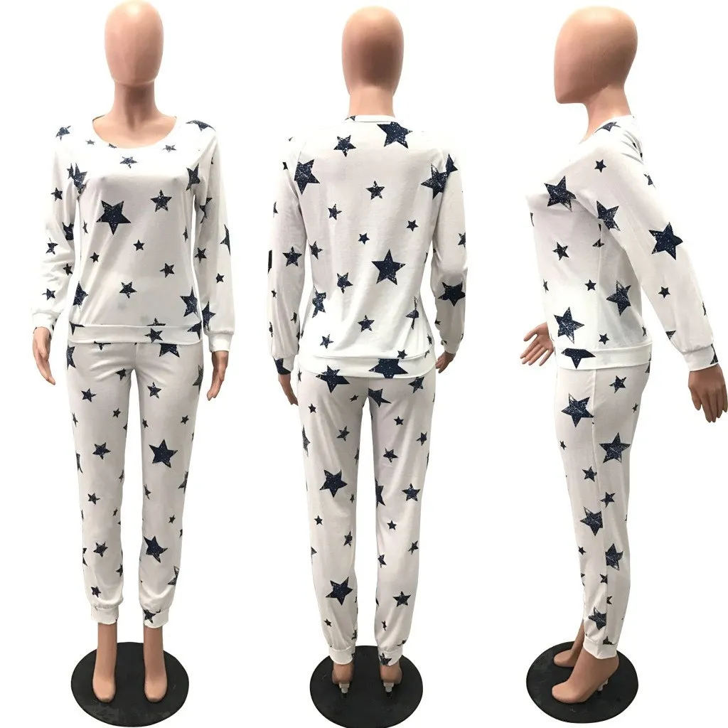 Женский Пижамный костюм с принтом звезды на осень и зиму, повседневные топы для сна с длинным рукавом и прямые штаны для сна, Свободная Домашняя одежда