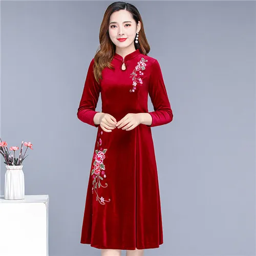 Вечернее платье элегантные женские новые золотые бархатные cheongsam ретро платье вышитые большие размеры вечернее платье - Цвет: Красный
