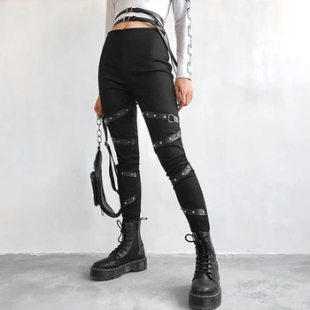 

Gothic Rivet Skinny Pencil Pants Women Sexy Leather Spliced Bandage Full Length Trousers Autumn Black High Waist Pants New KZ93