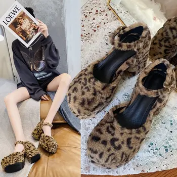

Womens Round Toe Leopard Furry Fur Mixed Colors Platform Pumps Block High Heel Ankle Belt Buckle Retro Shoes Lolita Cosplay Sexy
