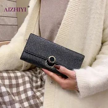 

Lady Simple Glitter Trifold Purse Women PU Leather Long Wallet Multi-function Clutch Female Casual Pure Color Card Holder