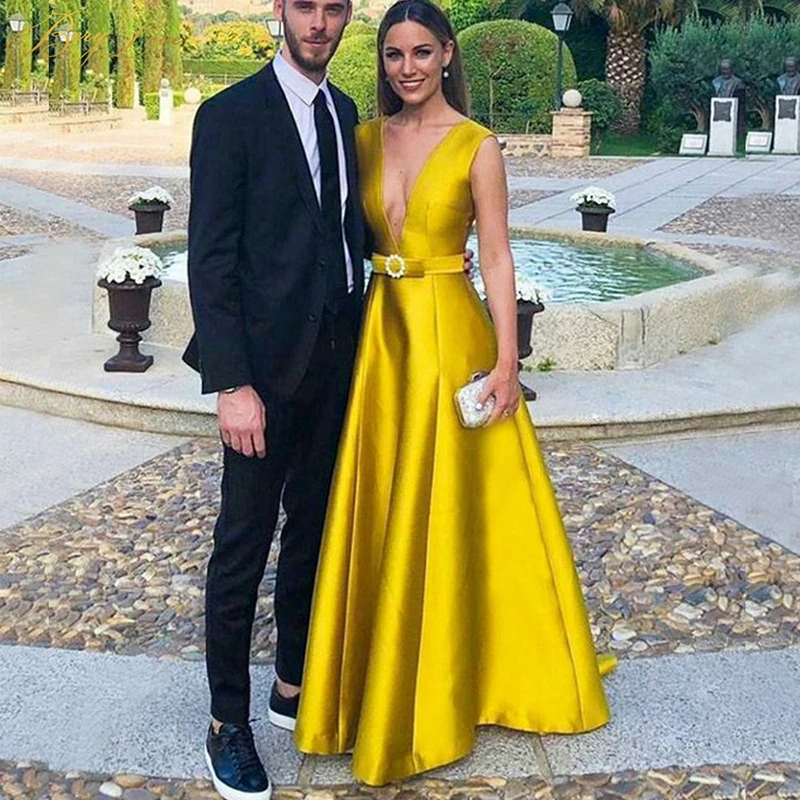 

Eightree Golde Evening Dress Sexy V Neck Satin Formal Evening Gown Long Bow Belt Formal Prom Party Dress vestido longo festa