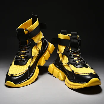 

Urban Fashion High Top Mesh Sneaker Boots Casual Sock Shoes Men Buckle Strap Leather Patchwork Breathable Thick Outsole 2020 New