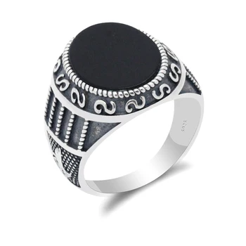 

Turkish Black Stone Ring 925 Sterling Silver Oval Flat Natural Onyx Stones Ring Vintage Punk Style for Men Women Jewelry