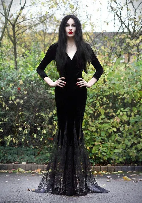 Black Dress Morticia Addams, семейный костюм, сексуальное кружевное платье русалки, готический стиль, дьявол, для женщин, террор, макси, наряд, длинные рукава, для Хэллоуина - Цвет: Black Dress