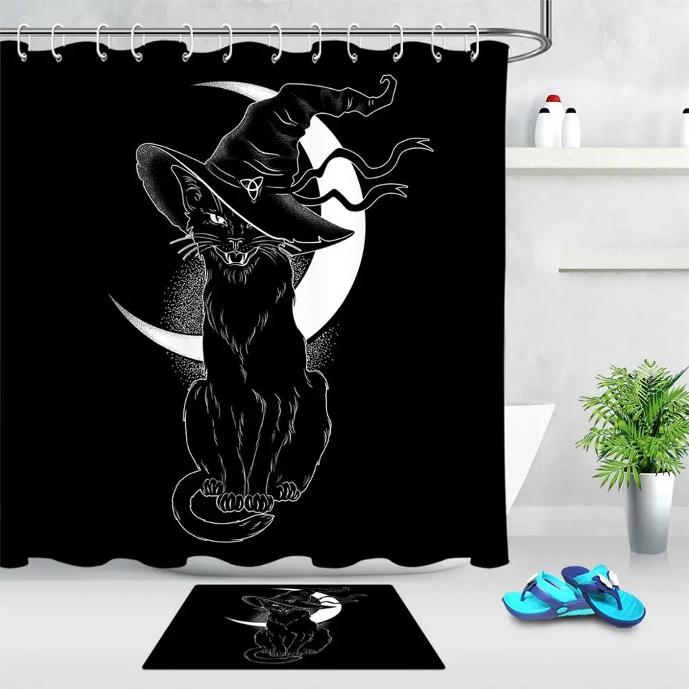 Polyester Fabric Shower Curtains For Bathroom Black Cat Witch Hat Moon