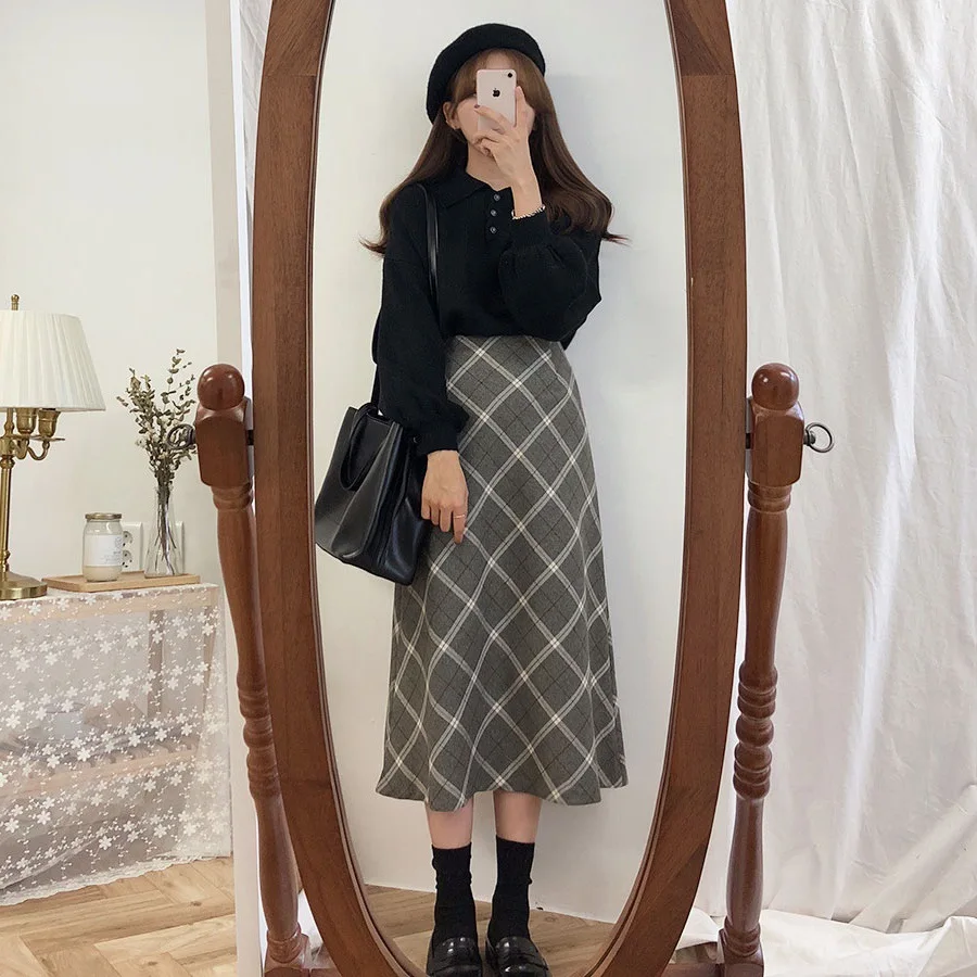 

Short-height Sweater WOMEN'S Suit 2019 Autumn And Winter Students Mid-length Plaid A- line Skirt Western Style Yarn Two Pieces