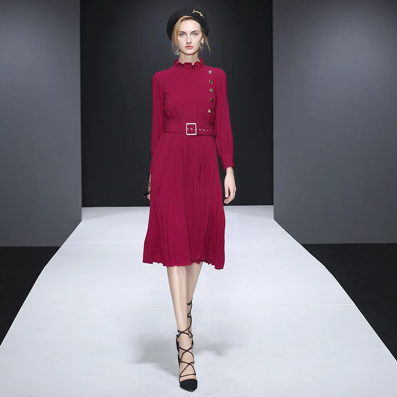 

2018 Autumn And Winter New Style Red Mid-length Long Sleeve Pleated Big Hemline Skirt Slim Fit Slimming Dress Women's