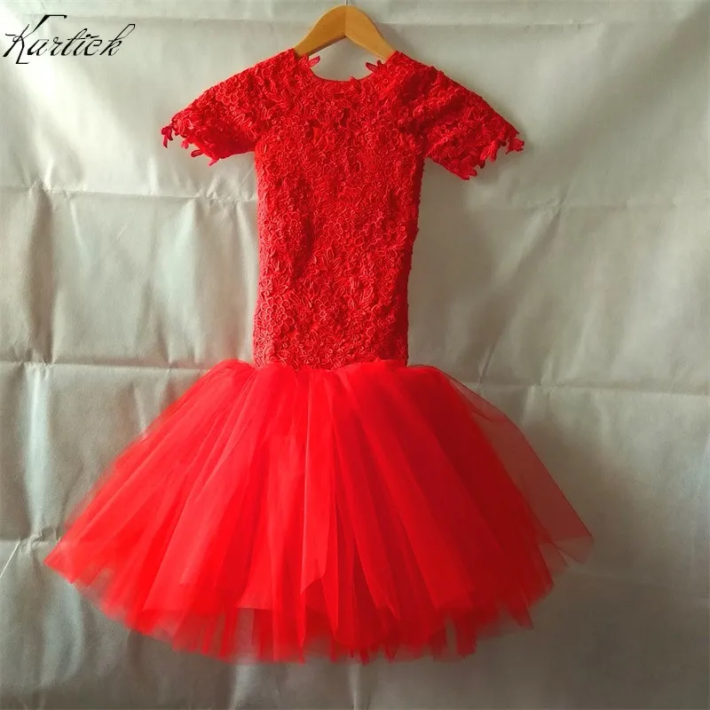 

Red Mermaid Flower Girl Dresses for Wedding Short Sleeves Party Pageant First Communion Dress Little Girls Kids/Children Dress