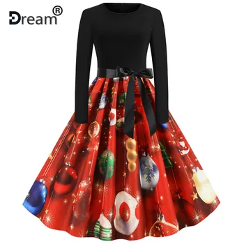 

Fashion Women Christmas Long Sleeve Dress Elegant Vintage Black Print Party Dress 2020 Autumn Winter Casual Midi vestidos Robe