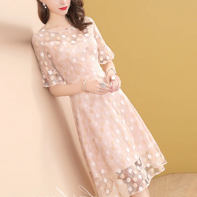 

Spring Clothing Hollow out Bell Sleeve Waist Hugging Dress Women's Spring And Summer Mid-length 2019 New Style A- line Skirt Sub