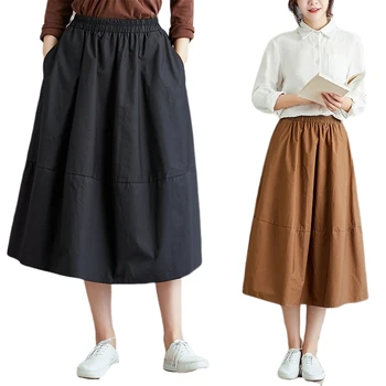 

Japan Style Mori Girl Cotton Midi Skirts Spring Autumn Women High Waist Pure Color Loose Long Skirts with Pockets