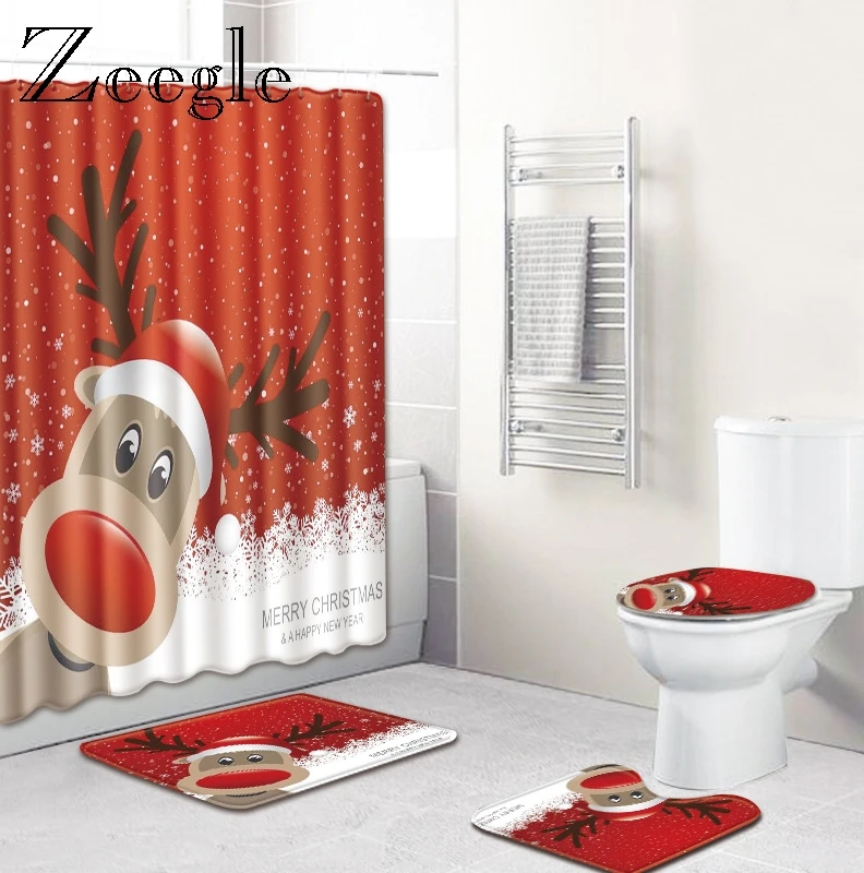 Zeegle 4pcs Bath Mat Set Christmas Printed Bathroom Carpet Non-slip Toilet Cover Seat Mat Toilet Pedestal Rug Waterproof Curtain