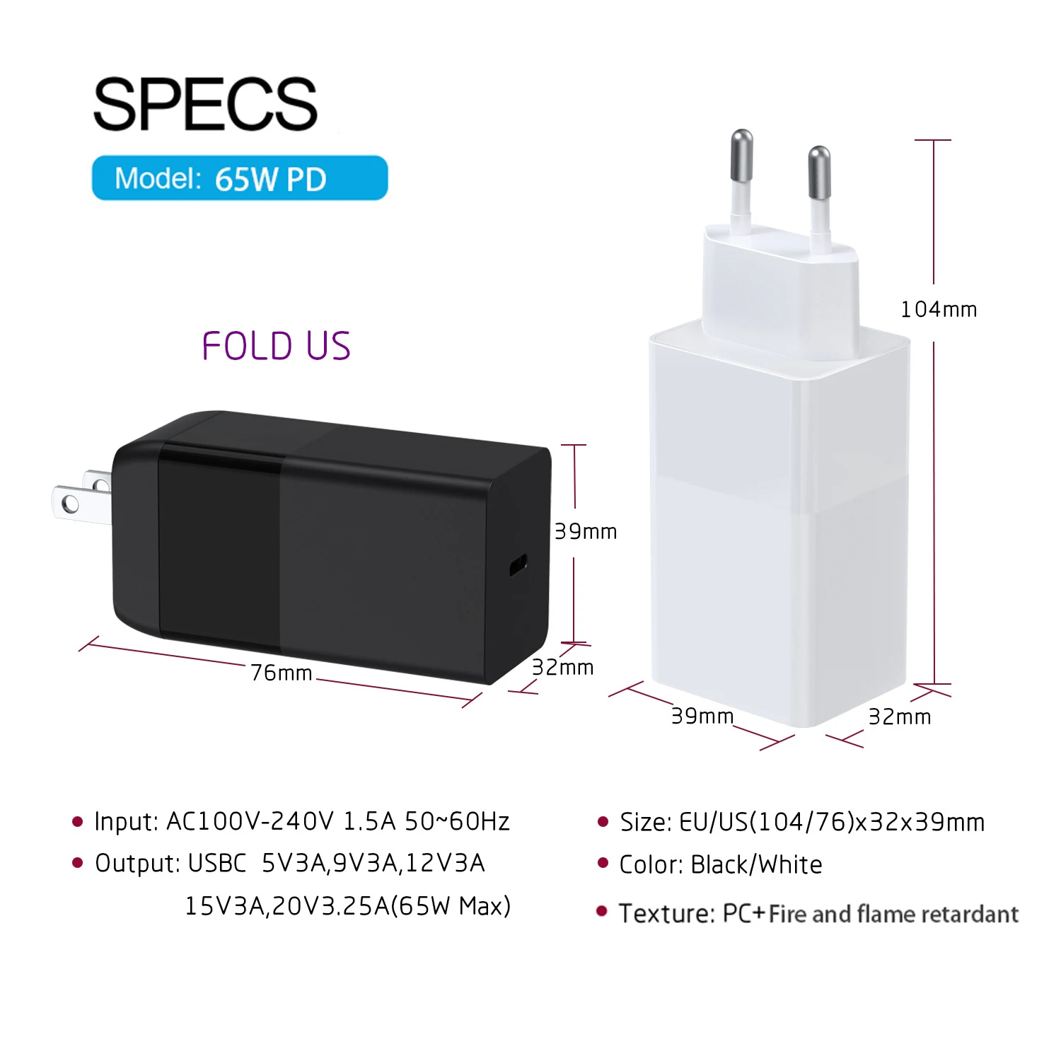 65W Usb Type C Charger 20V 3.25A GaN Power Adapter for Macbook HP Huawei Asus Lenovo Laptop Power Supply Adapter