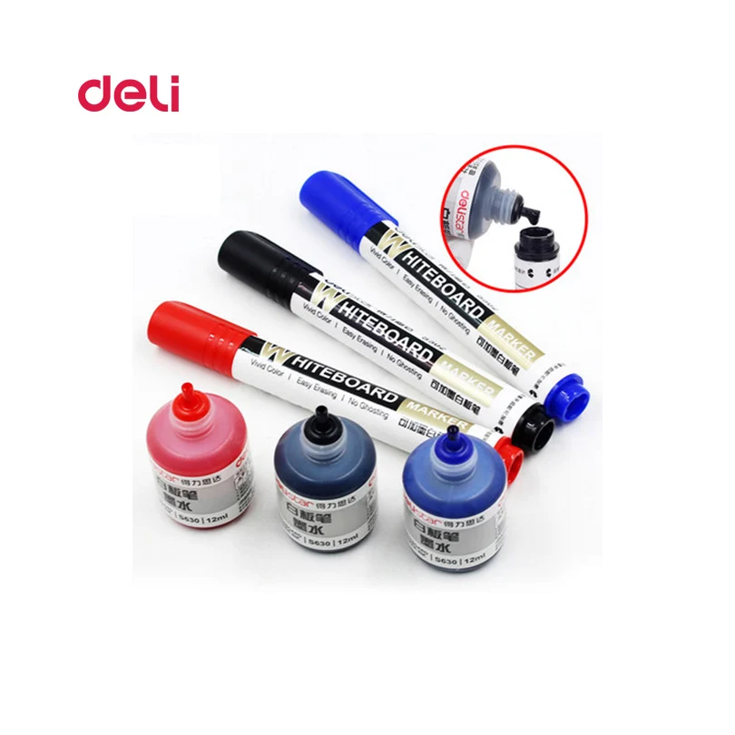 

Deli Erasable Whiteboard Marker Pen 1 Pcs Blackboard + 1 Ink Bottle Set Office Markers Dry Erase Blue Black Red Office Supplies