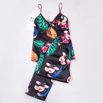 

Tanks Camis Silk Pajamas Set Summer Women Clothing 2020 Sleeveless Print Sleepwear Calf-Length Pants Youth Style Nightclothes