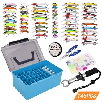 

145pcs Fishing Accessories Kit Assorted Fishing Minnow Lures Baits Soft Hooks Swivels Fish Lip Gripper Pliers with Tackle Box