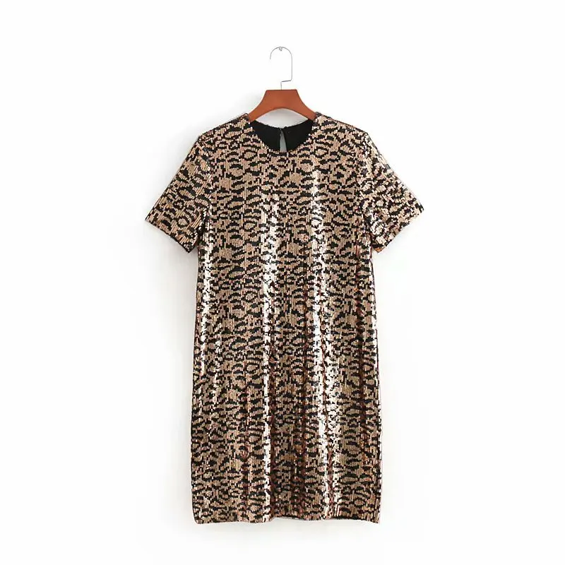 

2018 Autumn Europe And America WOMEN'S Dress Sequin Animal Pattern Printed Short-sleeve Dress 8940