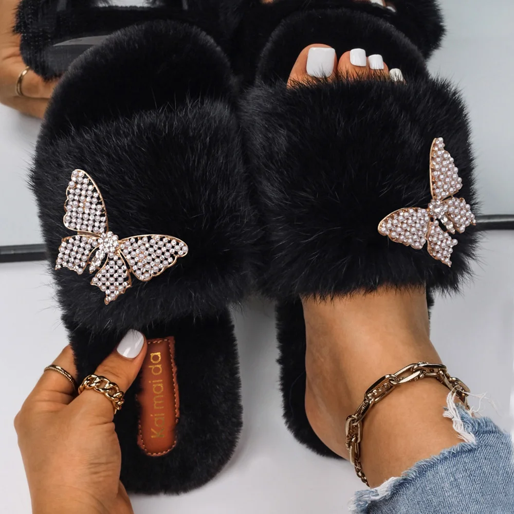 Fur Slides Women Pearl Butterfly Decor Indoor Slippers Faux Fur Sandals Female Platform Fluffy Slippers Luxury Designer Shoes