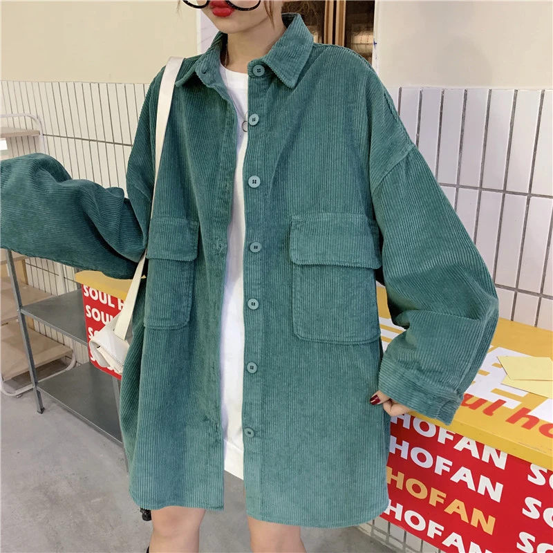 Harajuku больших размеров женская блузка с длинными рукавами корейский модный стиль женские белые топы Вельветовая рубашка Kpop одежда для пары зеленый