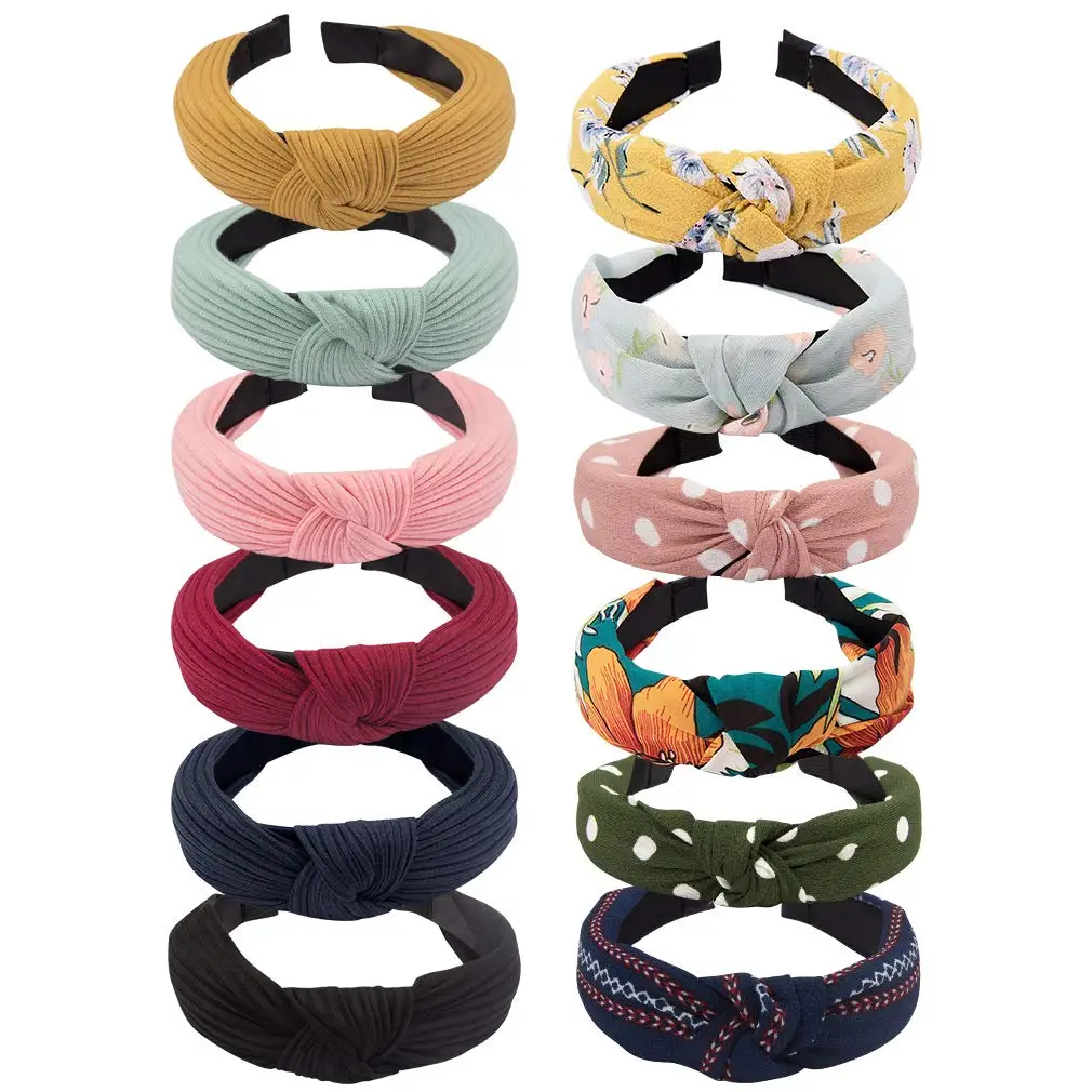 

Hair Accessories 12 Pieces Wide Knot Headbands for Women, Elastic Girls Headbands Hair Band, 6 Plain Colors+6 Printed Pattern