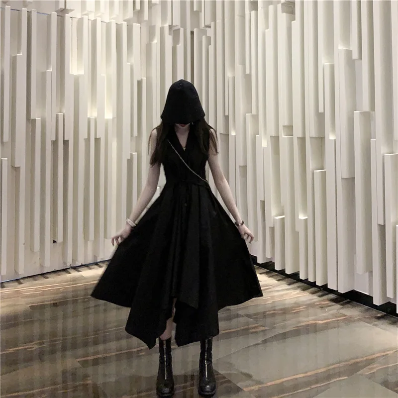 

Summer New Japanese Yohji Style Women Sexy V Neck Shirt Long Skirt Trendy Fashion Female Sleeveless Sundress Lace-up Waist Dress