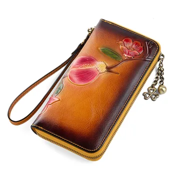 

2020 New Retro Handmade Embossing Genuine Leather Luxury Hand Wallet Vintage Flower Butterfly Women's Long Wallet