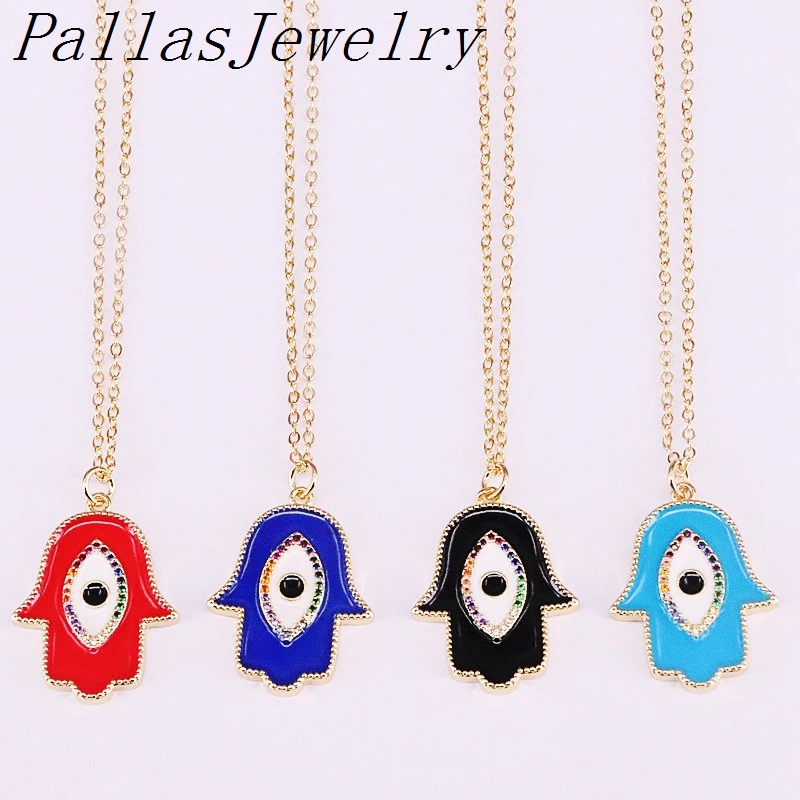 

10Pcs Gold Color Enamel Eye Hamsa Hand Pendant Necklace Colorful CZ Women Party Fashion Jewelry