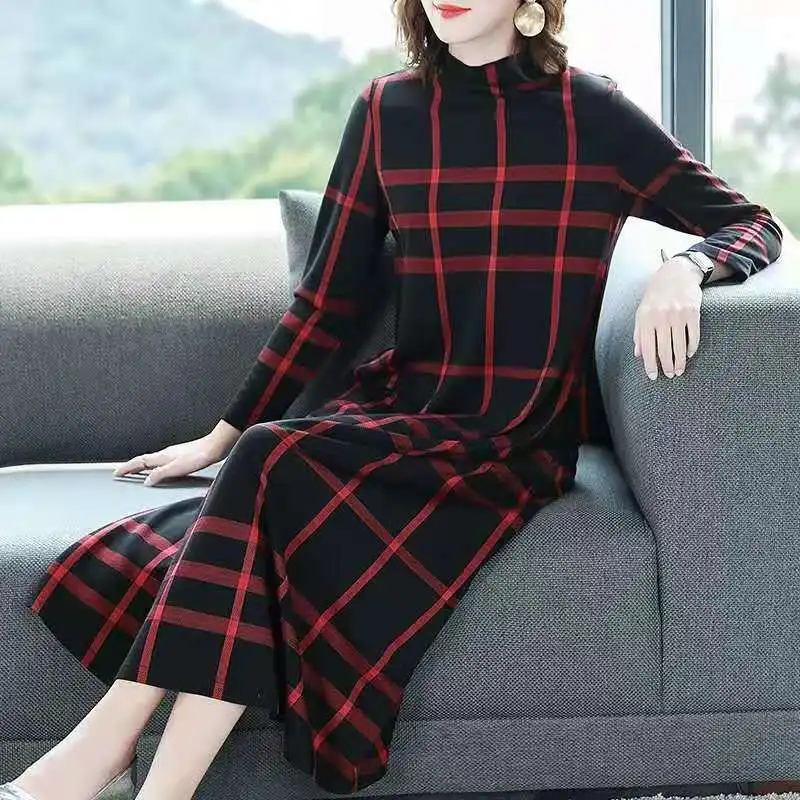 

Plaid Loose-Fit Slimming Large Size Dress 2019 Spring And Autumn New Style Elegant High Collar Long Sleeve Base Long Skirts Wome