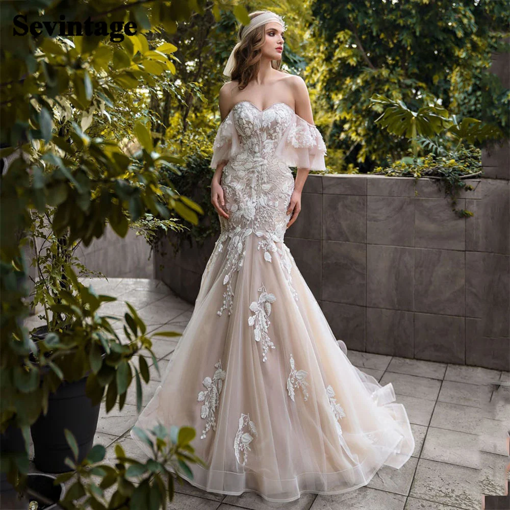 

Sevintage Mermaid Wedding Dresses Lace Appliques 3D Flowers Tulle Bridal Gowns with Train Sweetheart Off the shoulder BrideDress