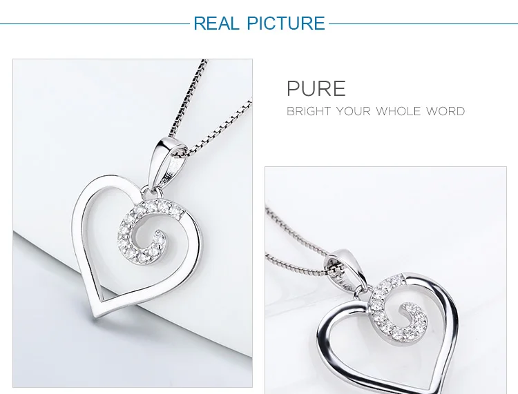 CLUCI Simple Heart Charms Pendant with Zircon 925 Sterling Silver Women Romantic Gift Jewelry