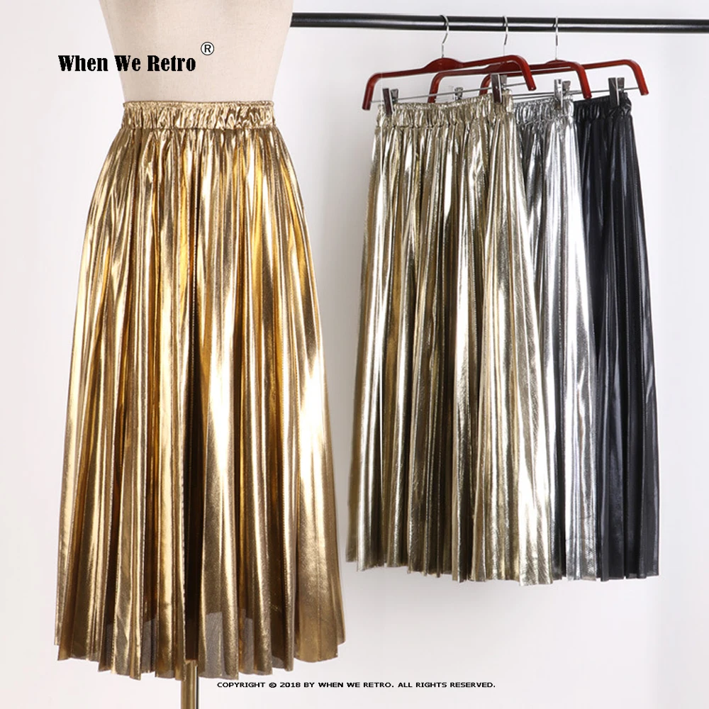 Elegant Women Midi Skirt VD1824 High Waist Black Silver Gold Solid Color Pleated Skirt