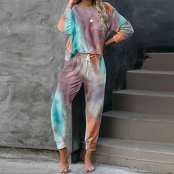 

Autumn Pajama Set Women Tie Dye Print Sleepwear Neck Women's Pajamas Set Lounge Homewear Set Women Nightwear Polyester