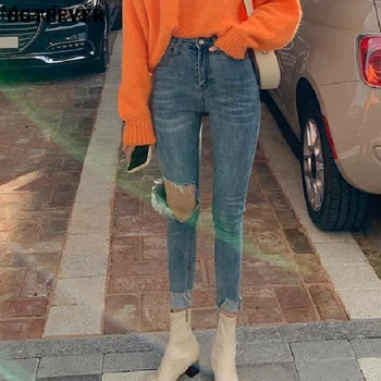 

Mozuleva High Waist Women Jeans Ripped Holes Female Skinny Jeans Pants Simple Casual Denim Pencil Jeans Stretch Long Pants 2019