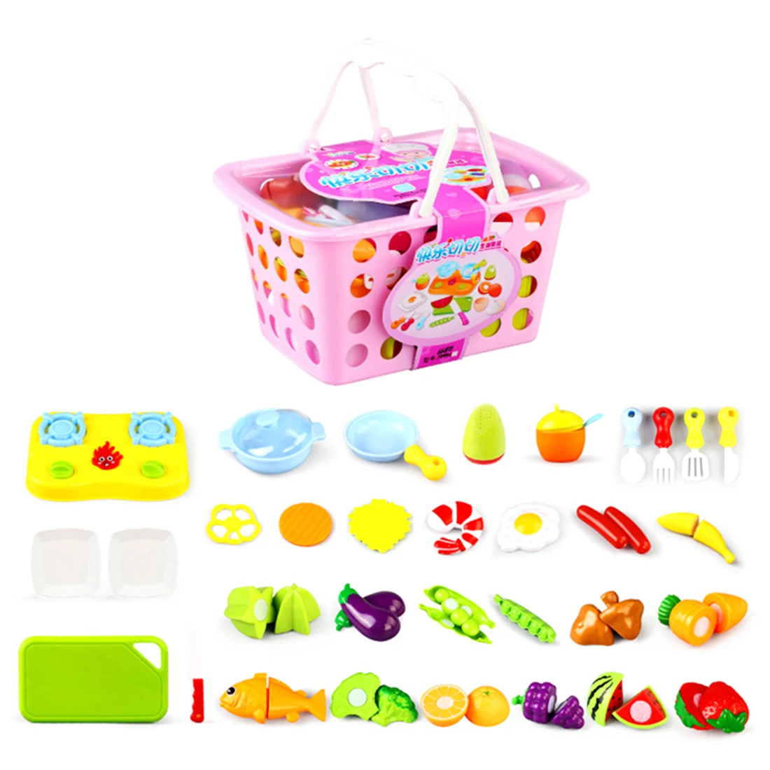 

32Pcs Children Pretend Play Toys Simulation Vegetables And Fruits Cutting Playset For Girls Kids Educational Toys - Pink Basket